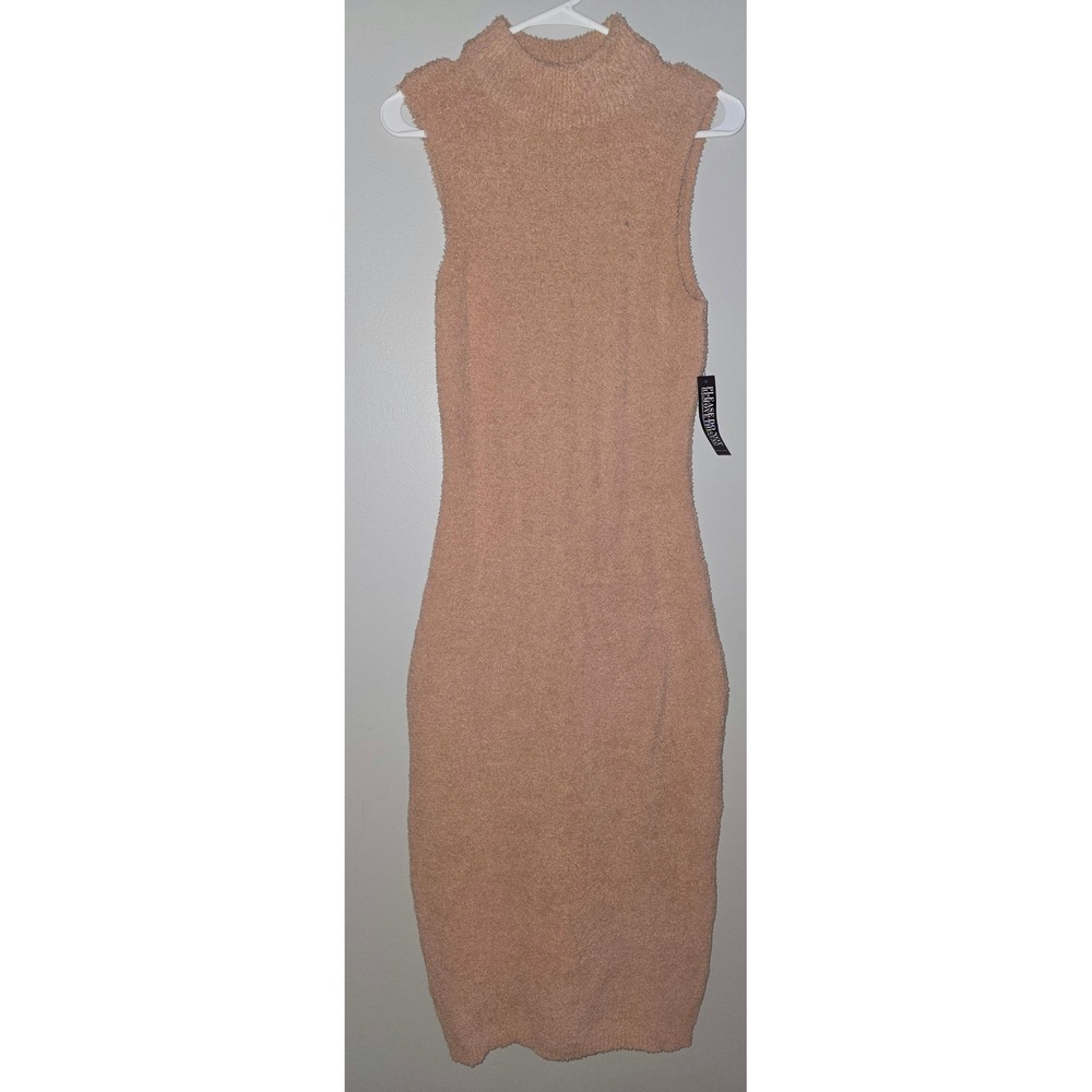 NY&C New York & Company Tan Fuzzy Popcorn Knit Mock Neck Midi Sweater Dress S